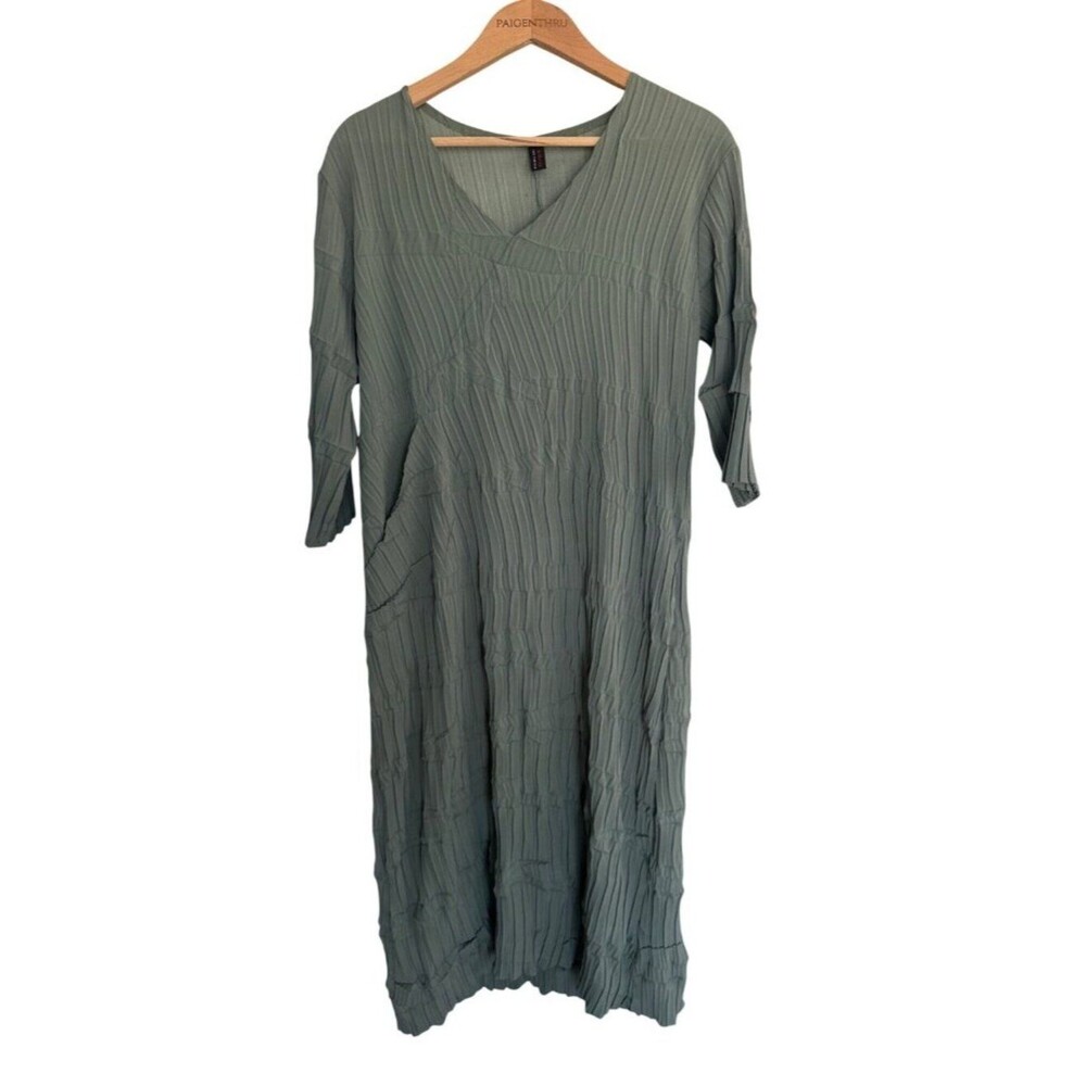 Babette San Francisco Women XL Green Crinkled Midi Dress Lagenlook Pockets